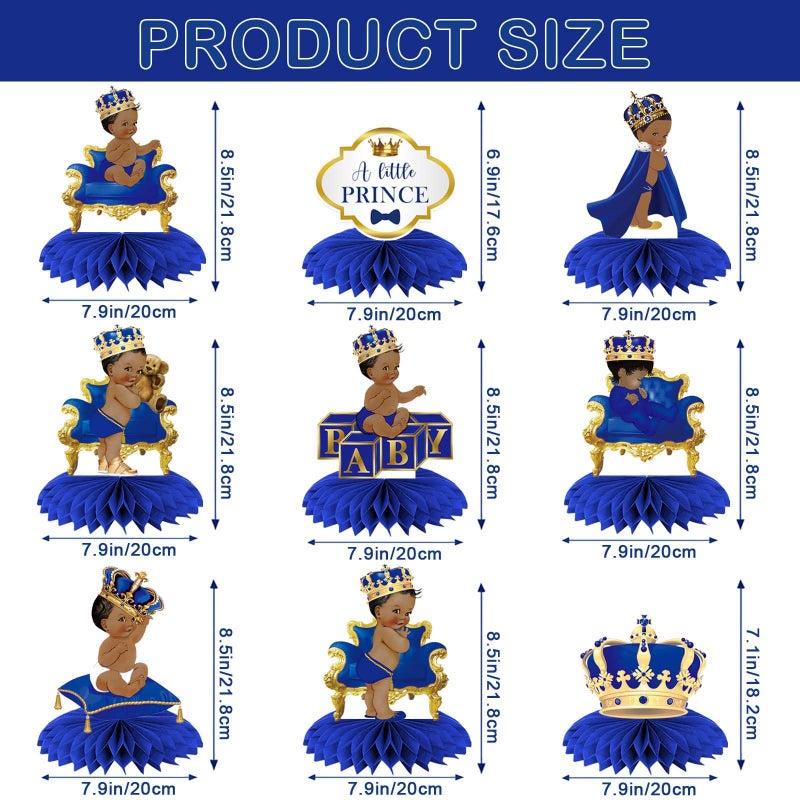 Buerhanerry 9Pcs Royal Prince Honeycomb Centerpieces Table Toppers  Little Prince Baby Shower for Table Decorations  Prince Themed Birthday Party Supplies  Wild One Birthday Party Decorations for Boys Kids - Image 2
